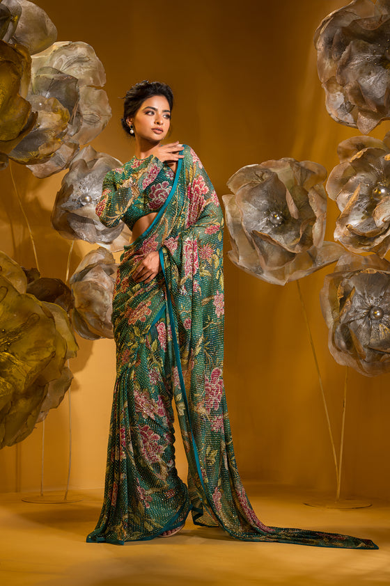 PRINTED SAREE WITH ONE SLEEVE BLOUSE