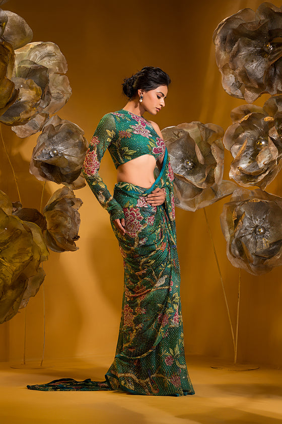 PRINTED SAREE WITH ONE SLEEVE BLOUSE