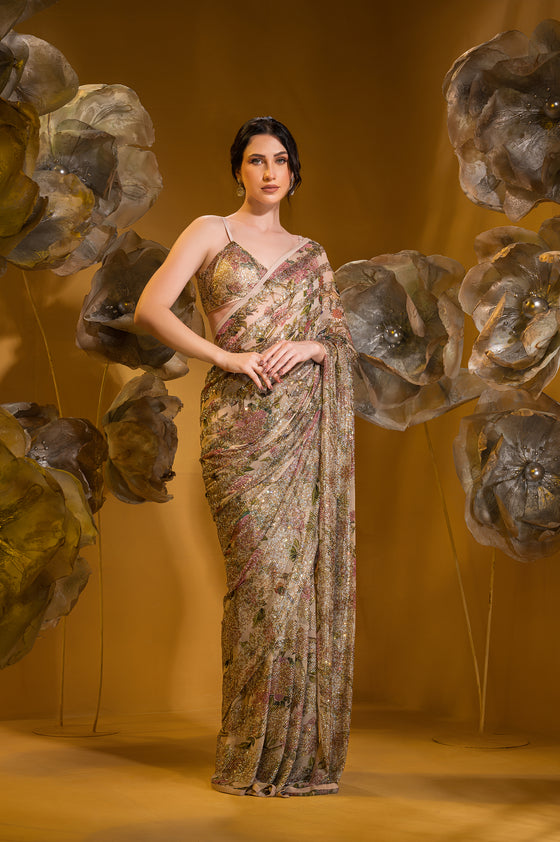 PRINTED SAREE WITH BRALETTE BLOUSE