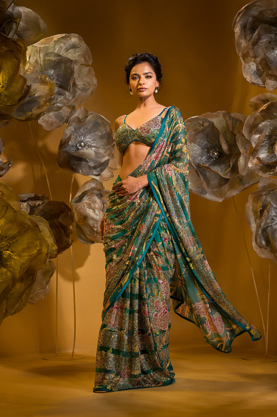 PRINTED SAREE WITH BRALETTE BLOUSE