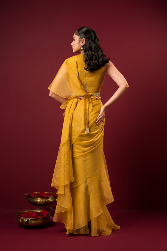 Buy Designer Organza Ruffles Drape Saree Set | Q by Sonia
