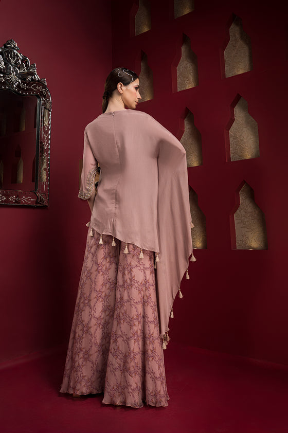 One side kaftan kurta with flared shahra pant with embroidery Backview