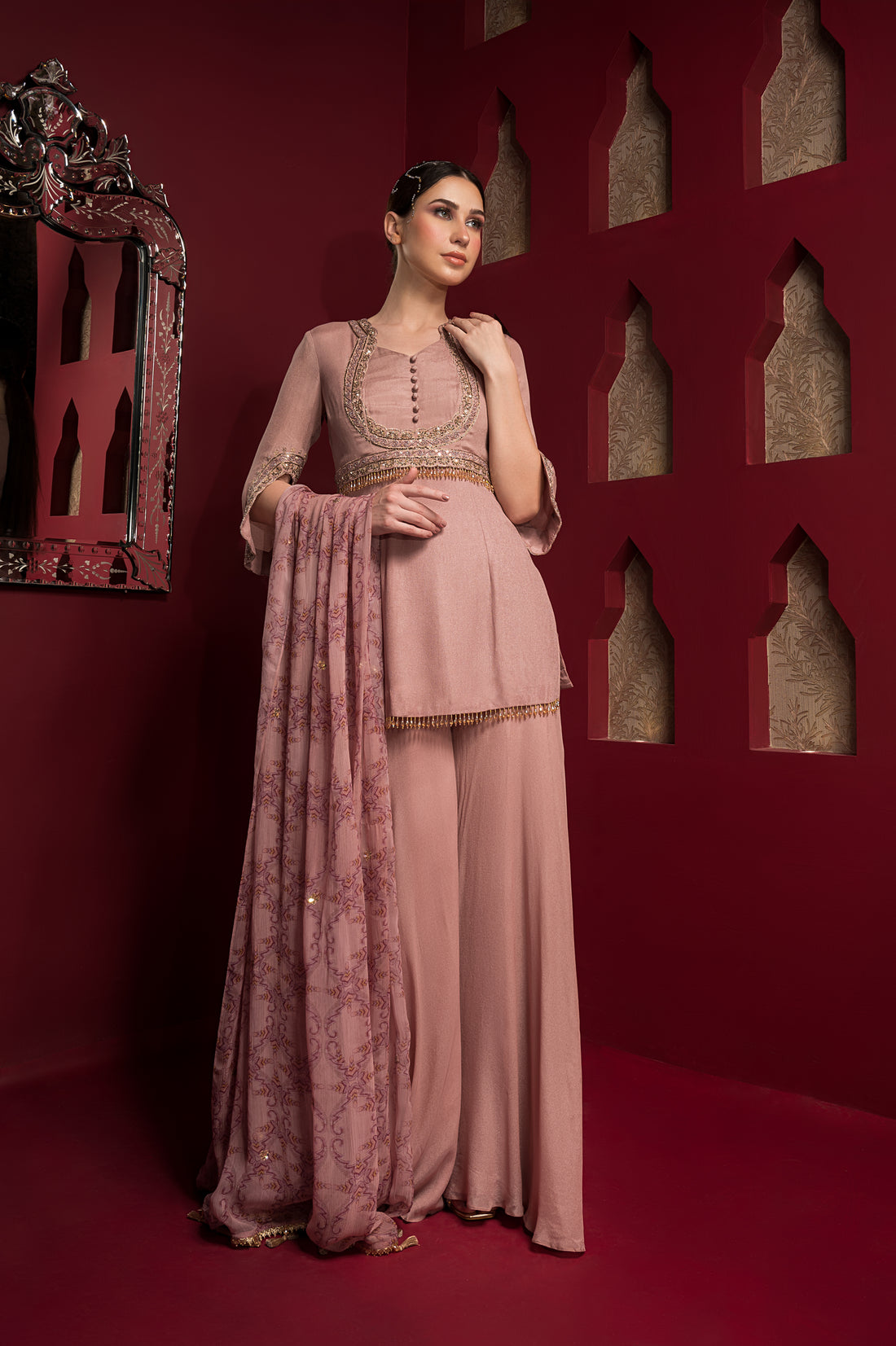  Yoke Embroidered Sharara Set Frontview