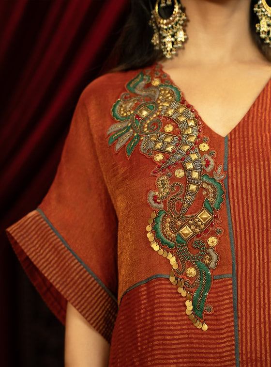 CRIMSON RED KAFTAN KURTA SET WITH FLARED ASYMMETRIC PANTS