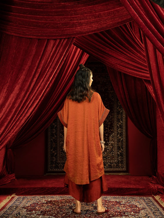CRIMSON RED KAFTAN KURTA SET WITH FLARED ASYMMETRIC PANTS