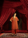 CRIMSON RED KAFTAN KURTA SET WITH FLARED ASYMMETRIC PANTS