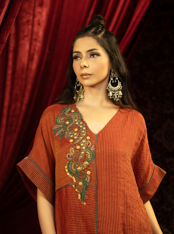 CRIMSON RED KAFTAN KURTA SET WITH FLARED ASYMMETRIC PANTS