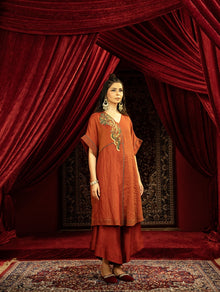  CRIMSON RED KAFTAN KURTA SET WITH FLARED ASYMMETRIC PANTS