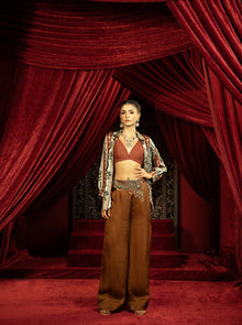  MOCHA MOUSSE EMBROIDERED BOXY PANTS WITH BOHO PRINTED SHIRT