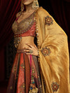 MULTICOLOUR BLOCKED LEHENGA SET WITH METAL EMBROIDERED BLOUSE & GOLD TISSUE DUPATTA