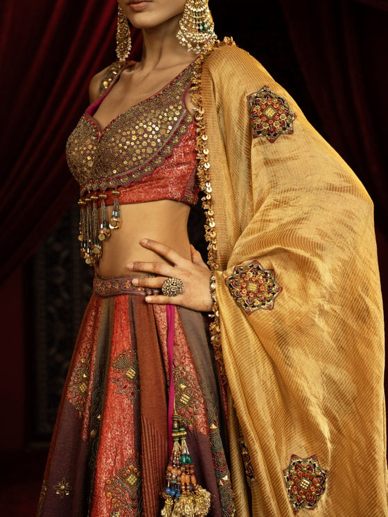 MULTICOLOUR BLOCKED LEHENGA SET WITH METAL EMBROIDERED BLOUSE & GOLD TISSUE DUPATTA