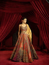 MULTICOLOUR BLOCKED LEHENGA SET WITH METAL EMBROIDERED BLOUSE & GOLD TISSUE DUPATTA