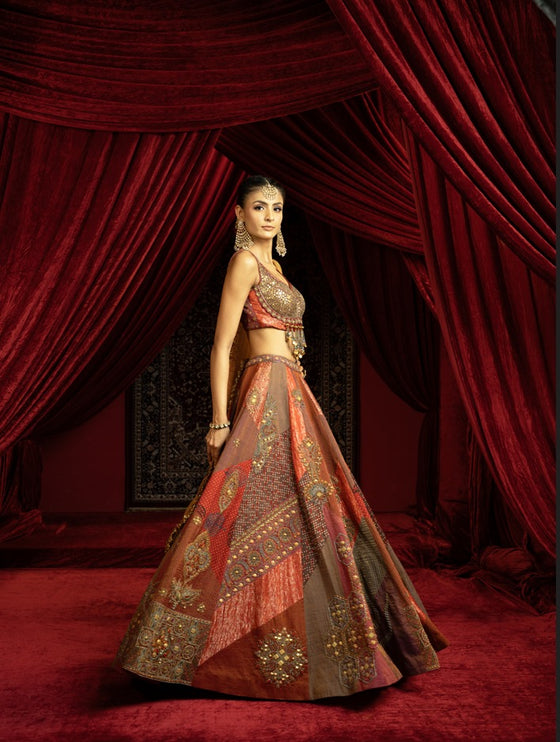 MULTICOLOUR BLOCKED LEHENGA SET WITH METAL EMBROIDERED BLOUSE & GOLD TISSUE DUPATTA