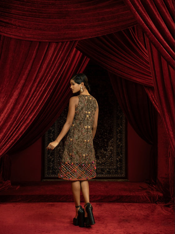 BLACK VINTAGE METAL EMBROIDERED A- LINE SHIFT DRESS WITH JALI HEMLINE & MULTICOLOUR POM-POMS