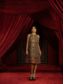  BLACK VINTAGE METAL EMBROIDERED A- LINE SHIFT DRESS WITH JALI HEMLINE & MULTICOLOUR POM-POMS