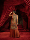 MULTICOLOUR JALIDAR EMBROIDERED LONG JACKET WITH CRIMSON SHARARA PANTS