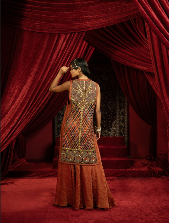 MULTICOLOUR JALIDAR EMBROIDERED LONG JACKET WITH CRIMSON SHARARA PANTS