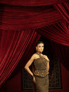 BLACK FULL BEADED EVENING GOWN WITH SAREE INSPIRED DRAPE & DETACHABLE CORSET BELT