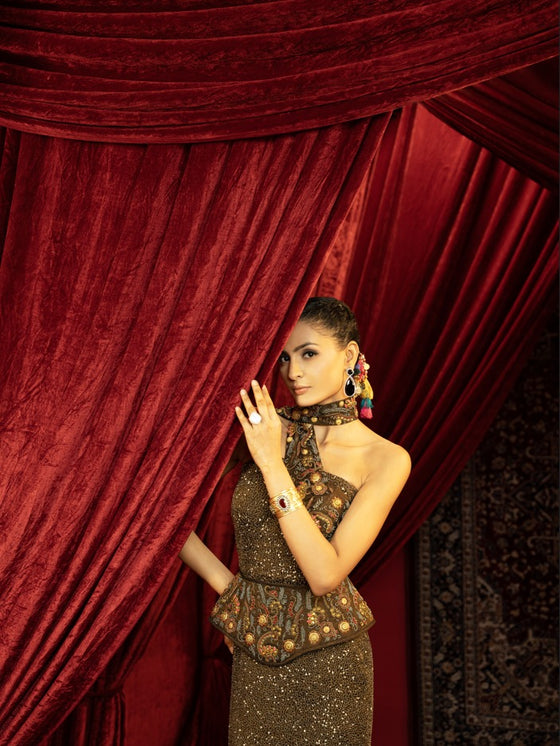 BLACK FULL BEADED EVENING GOWN WITH SAREE INSPIRED DRAPE & DETACHABLE CORSET BELT