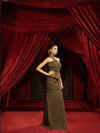 BLACK FULL BEADED EVENING GOWN WITH SAREE INSPIRED DRAPE & DETACHABLE CORSET BELT