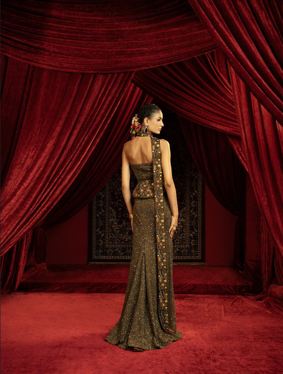 BLACK FULL BEADED EVENING GOWN WITH SAREE INSPIRED DRAPE & DETACHABLE CORSET BELT