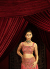 CANDY PINK FULL FLARED SKIRT SET WITH METAL EMBROIDERED BUSTIER & BELT