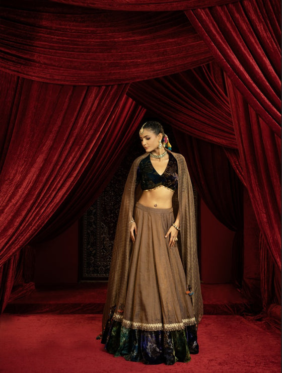 BROWN TISSUE LEHENGA WITH PRINTED VELVET BORDER, VELVET BLOUSE & STRIPED DUPATTA