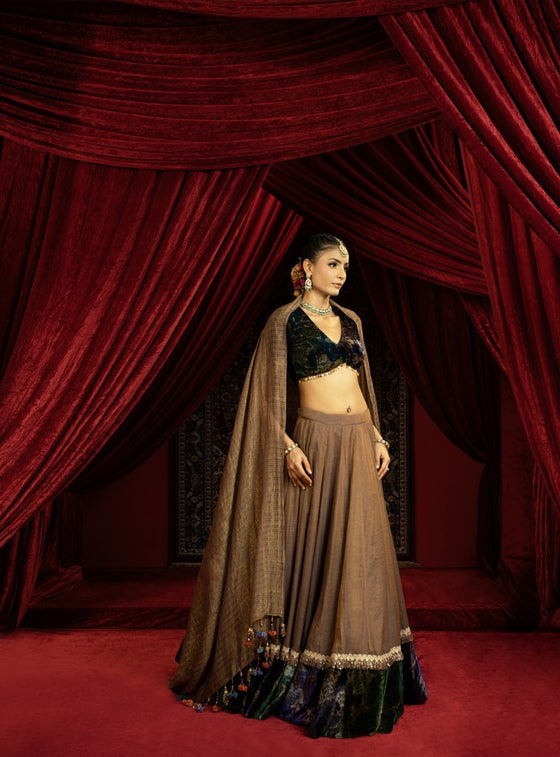 BROWN TISSUE LEHENGA WITH PRINTED VELVET BORDER, VELVET BLOUSE & STRIPED DUPATTA