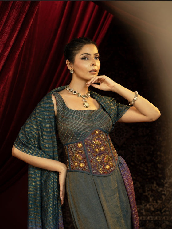 TEAL BLUE FISHCUT SKIRT WITH QUILTED BLOUSE, EMBROIDERED BELT & OMBRE DUPATTA