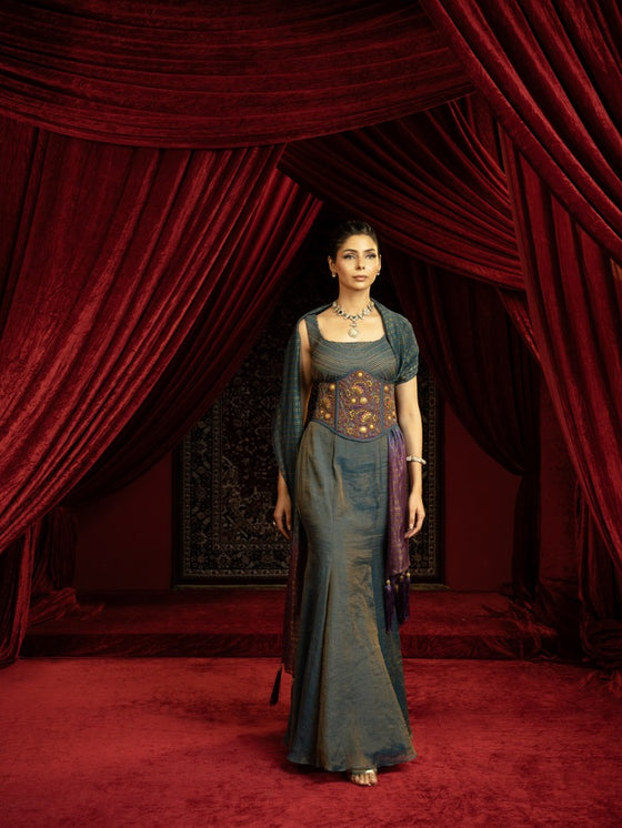 TEAL BLUE FISHCUT SKIRT WITH QUILTED BLOUSE, EMBROIDERED BELT & OMBRE DUPATTA