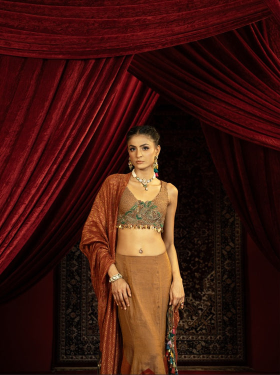 TAN BROWN FISHCUT LEHENGA WITH QUILTED BEADED BLOUSE AND STRIPED DUPATTA