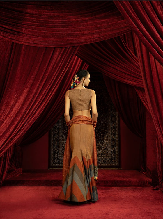 TAN BROWN FISHCUT LEHENGA WITH QUILTED BEADED BLOUSE AND STRIPED DUPATTA