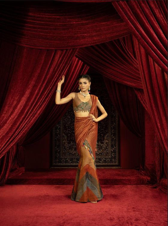 TAN BROWN FISHCUT LEHENGA WITH QUILTED BEADED BLOUSE AND STRIPED DUPATTA