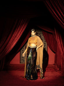  PRINTED VELVET DRAPE SKIRT WITH RUCHED HALTER BLOUSE & FLOWY DUPATTA CAPE
