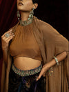 PRINTED VELVET DRAPE SKIRT WITH RUCHED HALTER BLOUSE & FLOWY DUPATTA CAPE