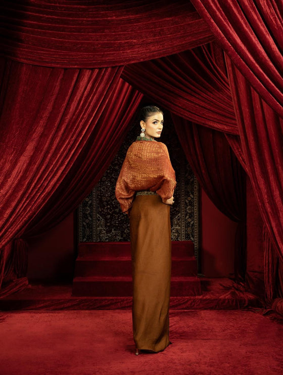 MOCHA MOUSSE DRAPE DHOTI SKIRT WITH RUST BOHO SHIRT