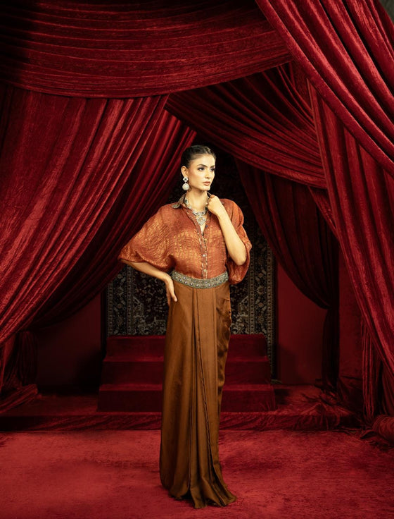 MOCHA MOUSSE DRAPE DHOTI SKIRT WITH RUST BOHO SHIRT
