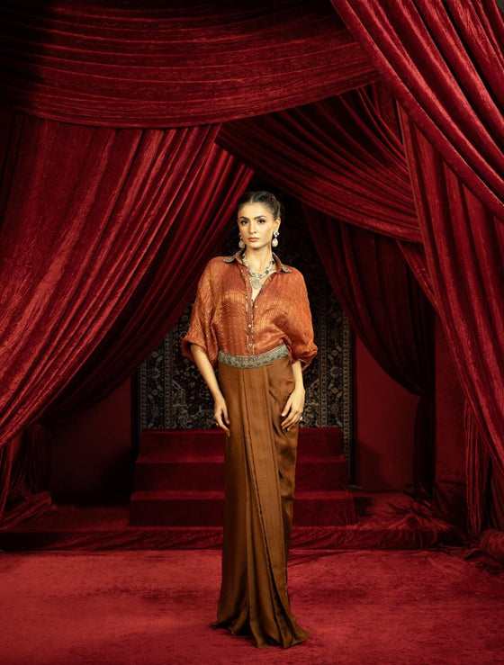 MOCHA MOUSSE DRAPE DHOTI SKIRT WITH RUST BOHO SHIRT