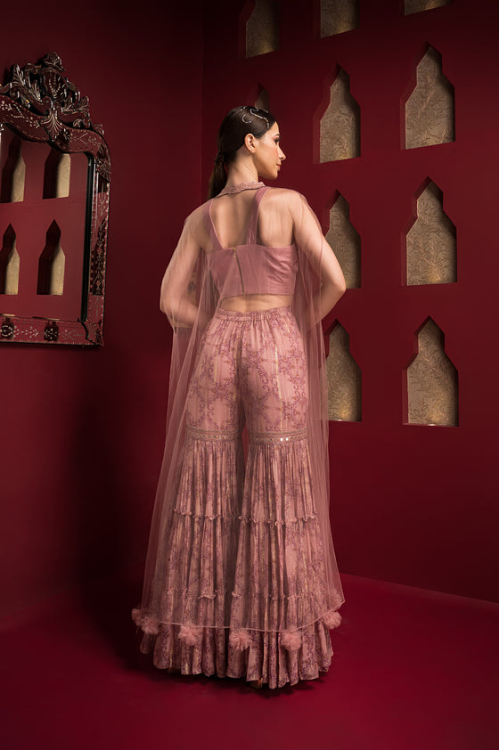 EMBROIDERED TOP AND PRINTED GARARA WITH LONG CAPE BACKVIEW