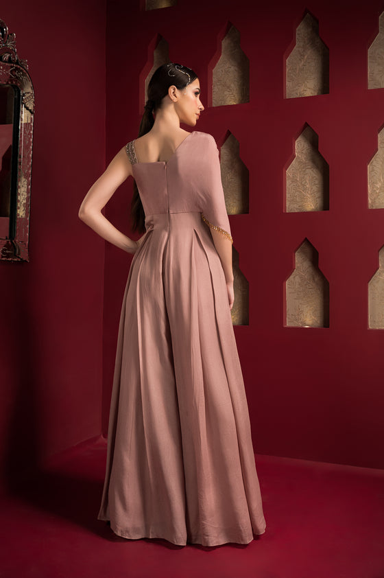 One side drape jumpsuit With one starp embroidered Backview