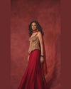 MAROON FISH-CUT SKIRT SET WITH MIRROR-EMBROIDERED AJRAKH CORSET