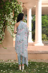 Blue Floral Printed Drape Dress Set Backview