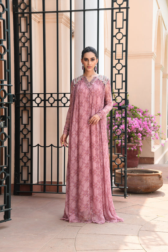 Pastel Pink Printed Anarkali Dress Frontview