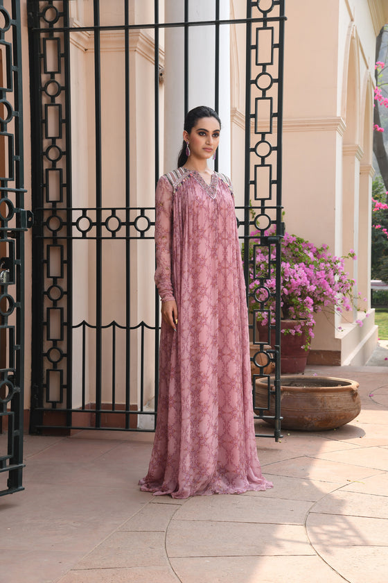 Pastel Pink Printed Anarkali Dress Sideview