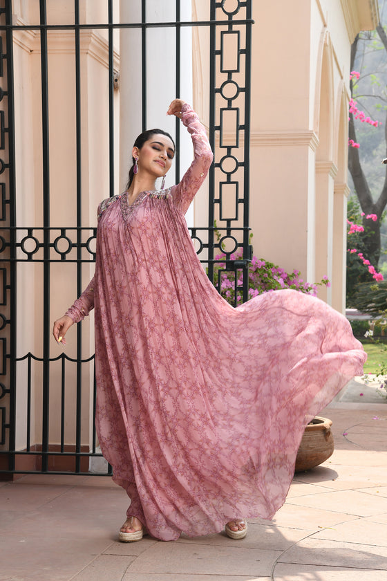 Pastel Pink Printed Anarkali Dress Sideview