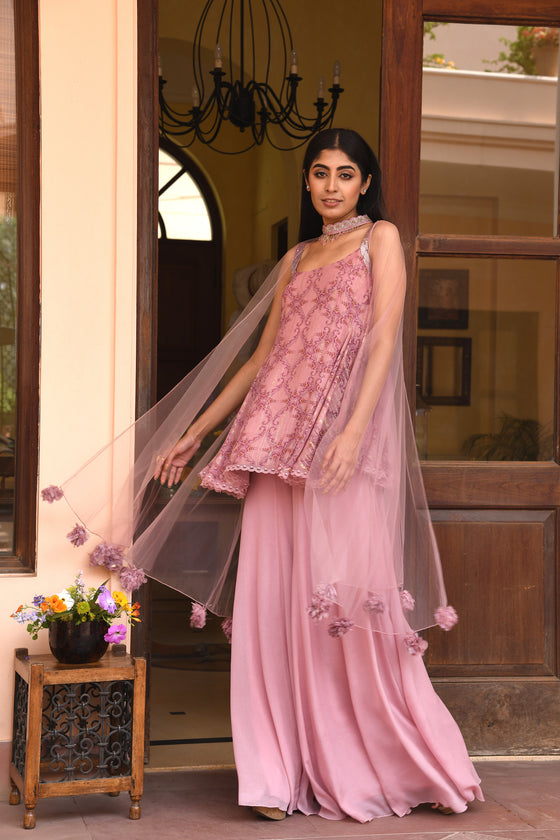 Pastel Pink Sharara Suit Set Frontview