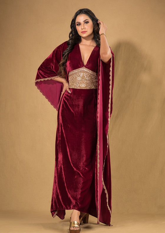 Rich Marron velvet long kaftan with embroidered waist band with back tie
