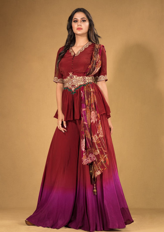 Peplum kurta front open with Sharara pants and dupatta with embroidered belt