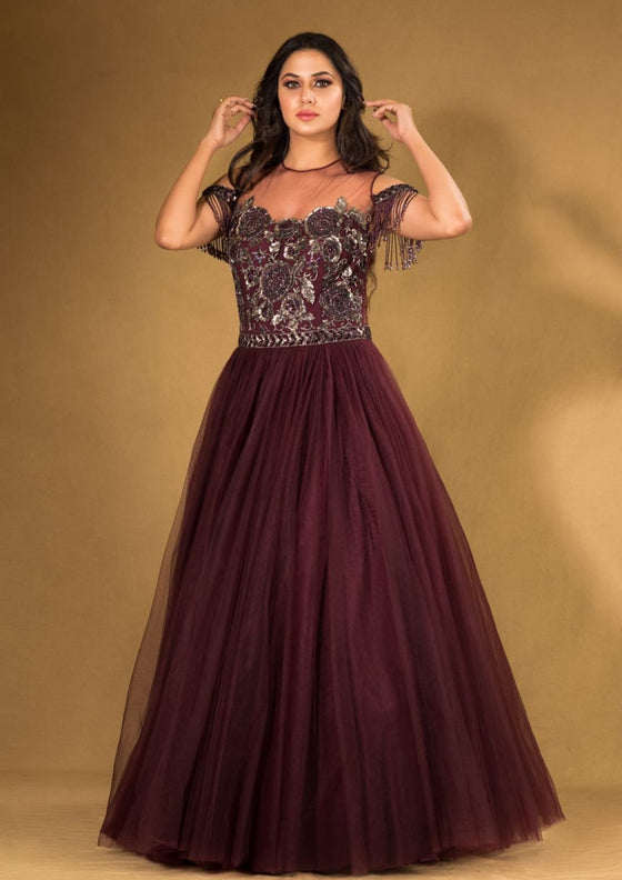 Dark Wine Net Embroidered Ball gown Frontview