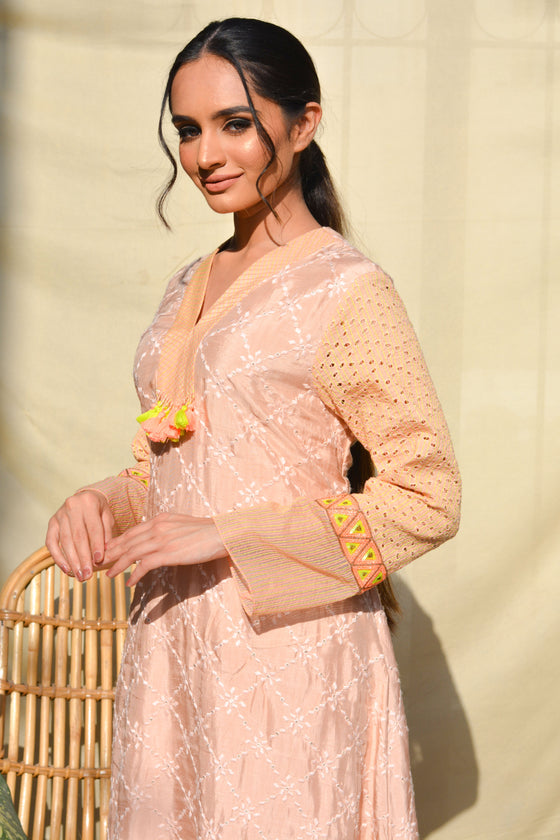 Blush Pink Silk Kurta with Dhoti Pant Size - M - Q by Sonia Baderia